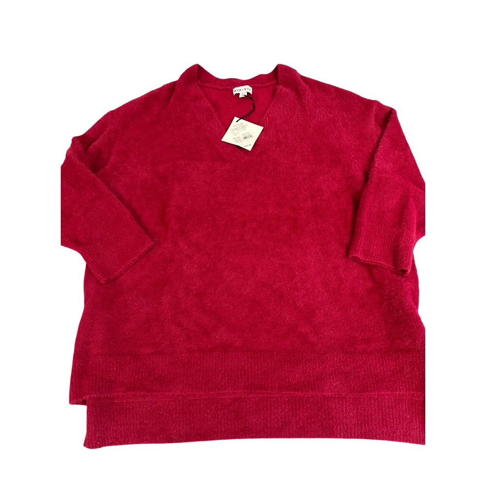 Ava & Viv Women 3X Red Eyelash V-Neck Sweater Fuzzy Plush Pullover NEW